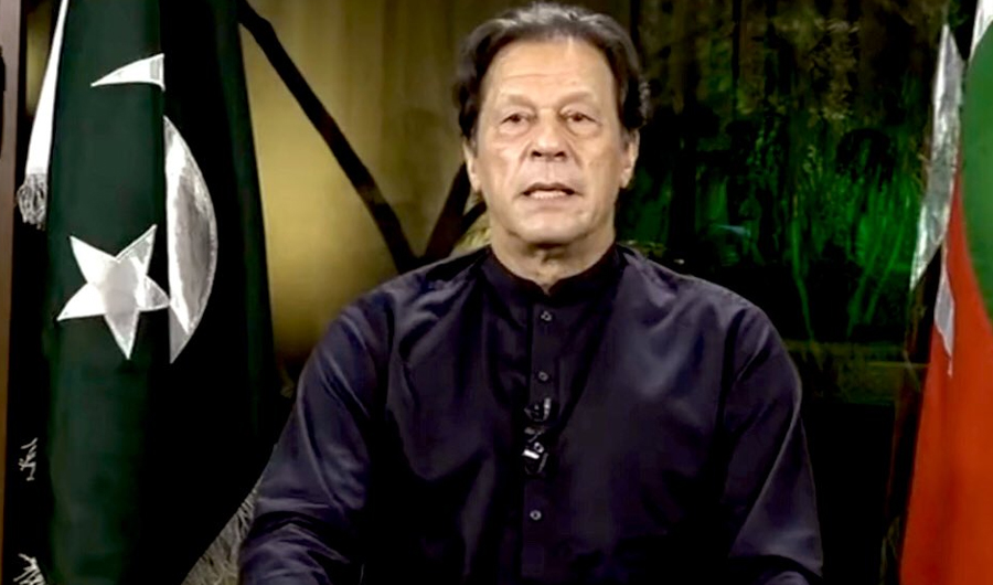 Former prime minister Imran Khan speaks to his supporters through video link on Nov.13, 2022. (Photo courtesy: PTI Twitter)