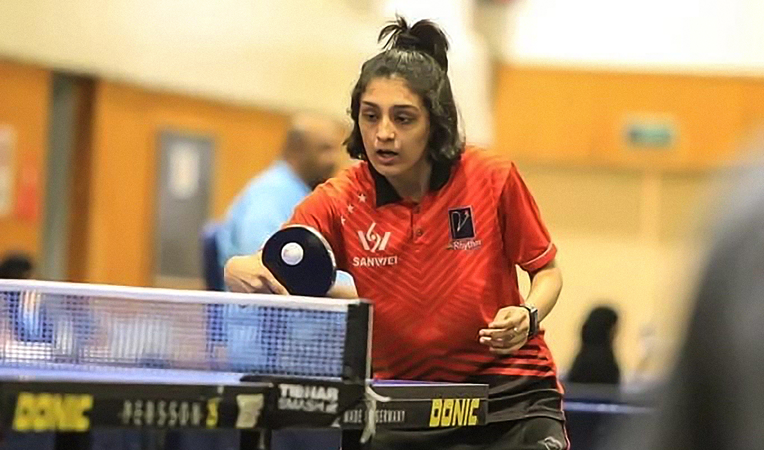 Pakistani expatriate girl Sarooj Sajid Hussain is plays table tennis at the Saudi Ministry of Health Open Tournament in Riyadh, Saudi Arabia on November 16, 2021. (Photo courtesy: Sajid Hussain)