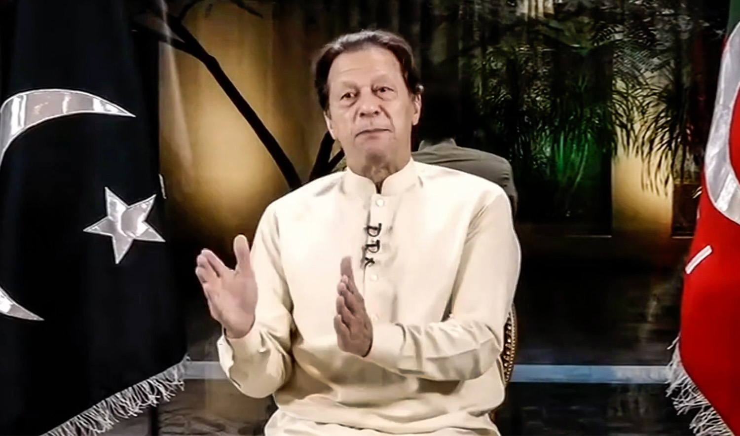 Pakistan's former prime minister Imran Khan speaks to his supporters through a video link on November 14, 2022. (Photo courtesy: @ImranKhanOfficial/Facebook)