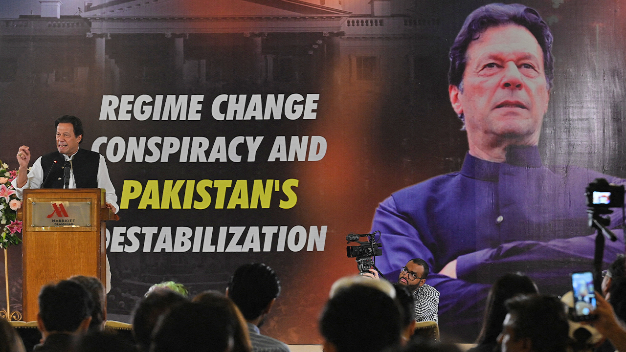 Ousted Pakistan's prime minister Imran Khan addresses an event on "Regime Change Conspiracy and Pakistan’s Destabilisation" in Islamabad, Pakistan, on June 22, 2022. (AFP/File)