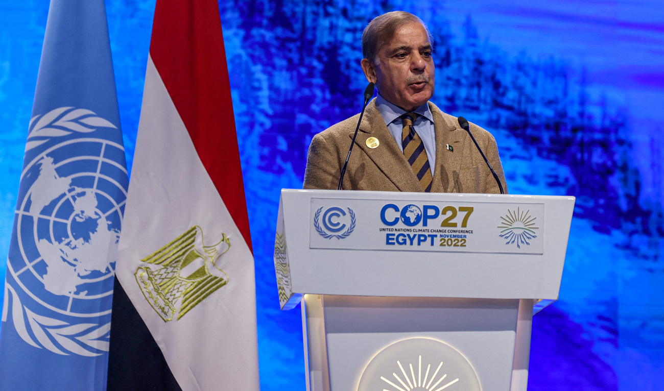 Pakistan's Prime Minister Shehbaz Sharif delivers a speech at the leaders summit of the COP27 climate conference at the Sharm el-Sheikh International Convention Centre, in Egypt's Red Sea resort city of the same name, on November 8, 2022. (Photo courtesy: AFP)
