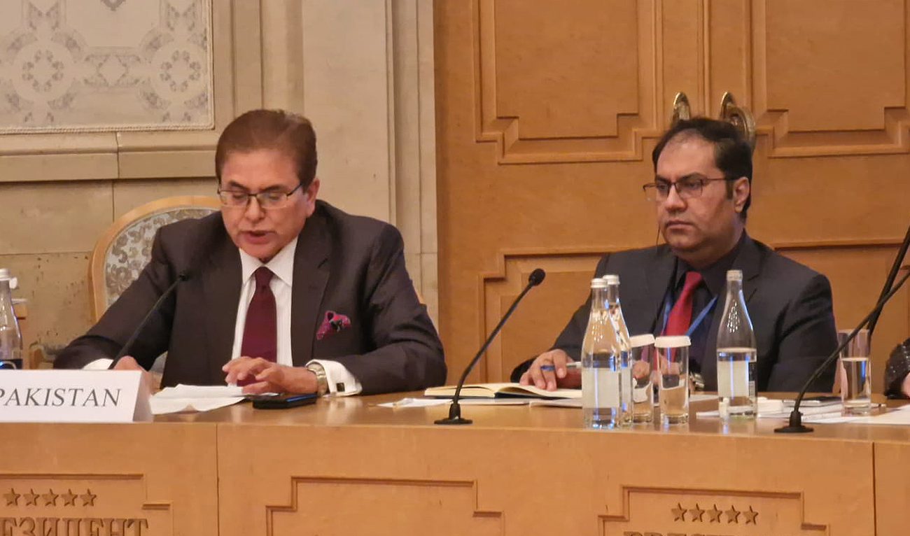 Pakistan's special representative for Afghanistan Mohammad Sadiq speaks during a consultative format on Afghanistan in Moscow, Russia on November 17, 2022. (Photo courtesy: Twitter/MohammadSadiq)
