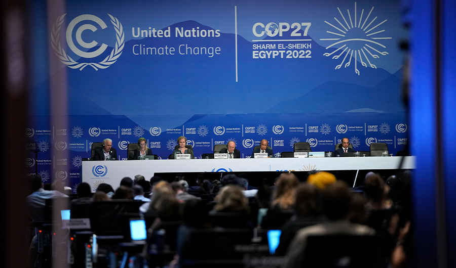 Attendees listen to a plenary session at the COP27 U.N. Climate Summit, Friday, Nov. 18, 2022, in Sharm el-Sheikh, Egypt. (AP)