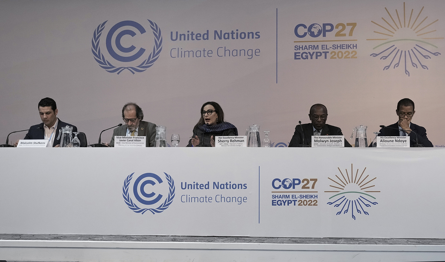 Minister of climate change for Pakistan Sherry Rehman, center, attends a news conference on loss and damage finance inaction at the COP27 U.N. Climate Summit, in Sharm el-Sheikh, Egypt on November 17, 2022. (AP)