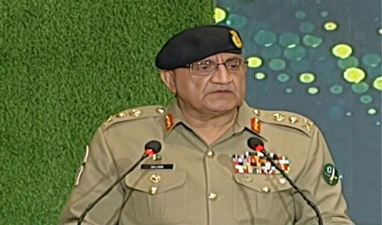 Pakistan's Army Chief General Qamar Javed Bajwa delivers speech at the Defence and Martyrs' day ceremony in Rawalpindi, Pakistan, on November 23, 2022. (Photo courtesy: Screen grab/PTV News)