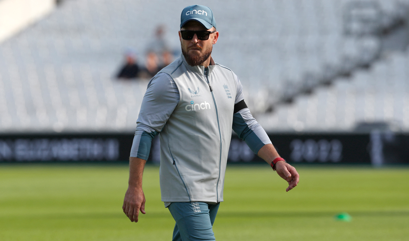 England's head coach Brendon McCullum walks on the pitch ahead of play on the fourth day of the third Test cricket match between England and South Africa at The Oval, in London, on September 11, 2022. (AFP)