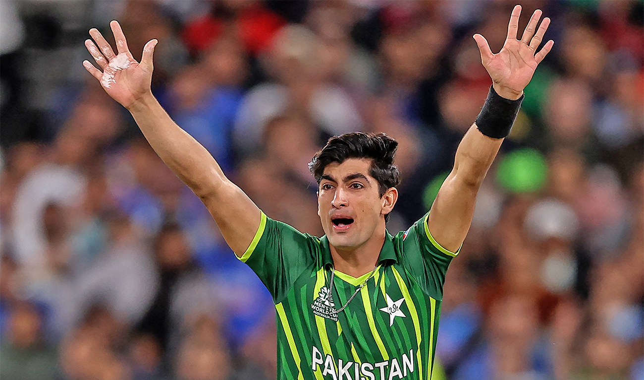 Pakistan's Naseem Shah appeals for LBW during the ICC men's Twenty20 World Cup 2022 cricket match between India and Pakistan at Melbourne Cricket Ground (MCG) in Melbourne on October 23, 2022. (AFP/File)