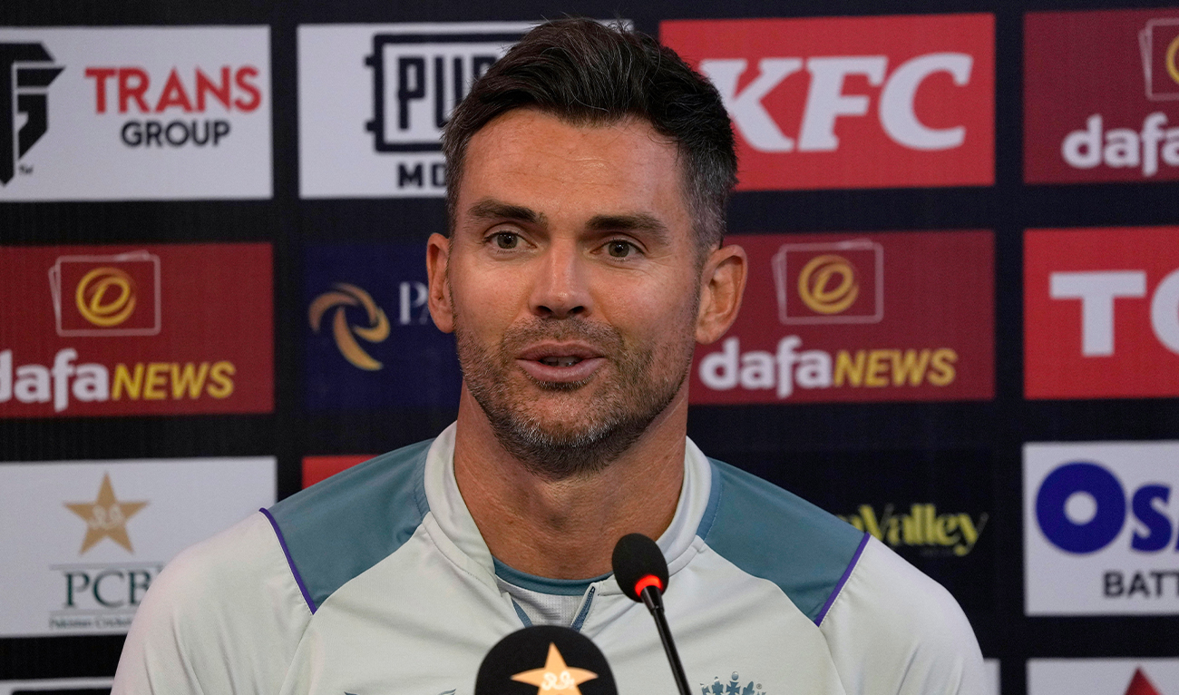 England's James Anderson speaks during a press conference following a training session, in Rawalpindi, Pakistan, on November 29, 2022. (AP)