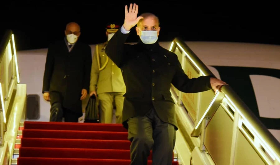 Pakistan Prime Minister Shehbaz Sharif waves hand upon arrival in China on November 1, 2022. (Photo courtesy: Pakistan PM Office)