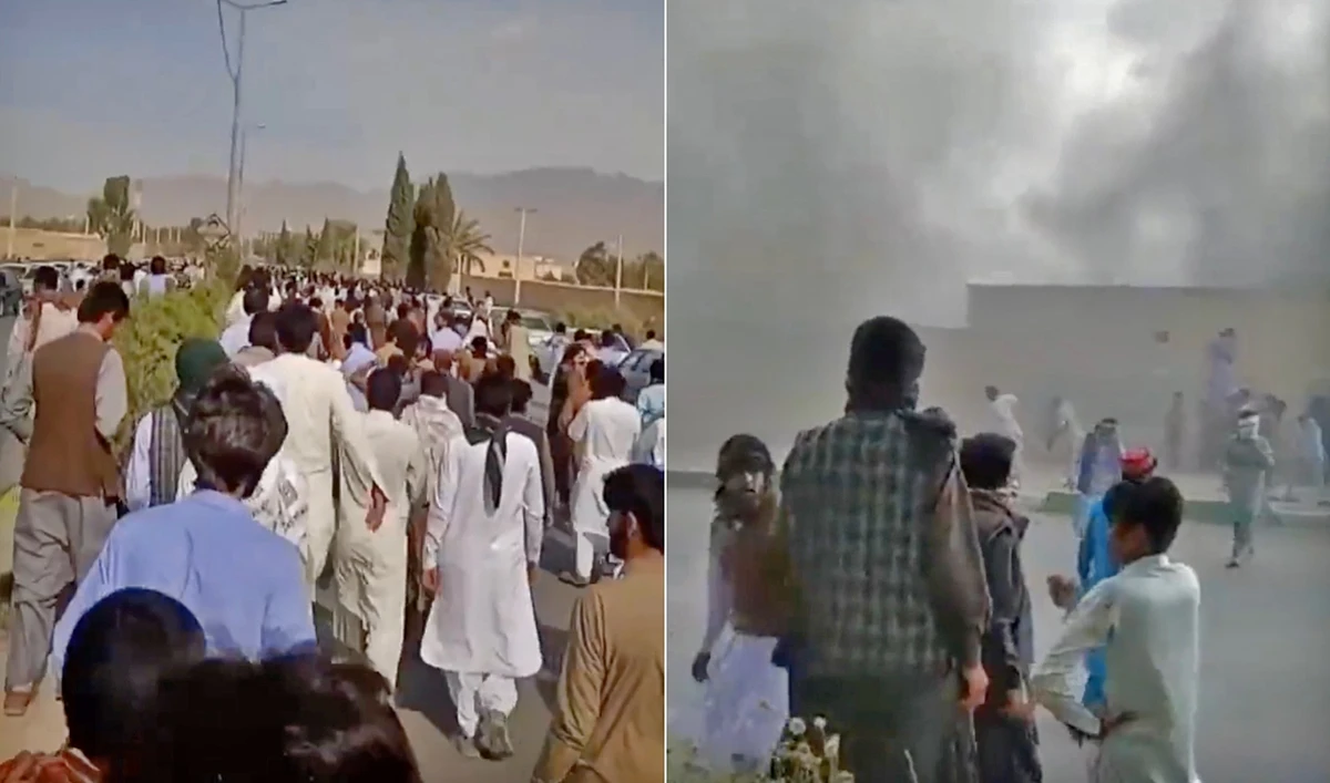 These screengrabs from a video posted by Amnesty Iran on November 4, 2022, show people protesting (left) in Khash city of Sistan and Baluchistan province before running away from live ammunition (right) fired at them. (Photo courtesy: @AmnestyIran)