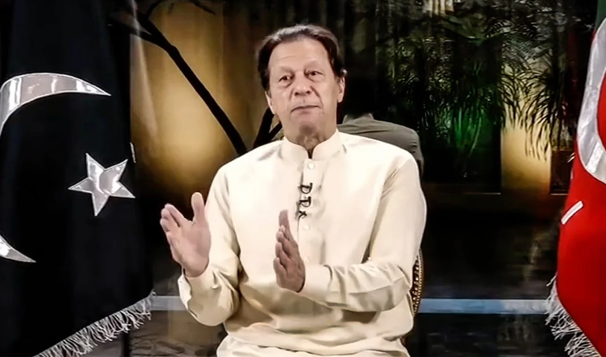 Pakistan's former prime minister Imran Khan speaks to his supporters through a video link on November 14, 2022. (Photo courtesy: @ImranKhanOfficial/Facebook)
