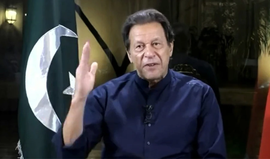 This screengrab shows former prime minister Imran Khan addressing his supporters via video link on Nov. 15, 2022. (Screengrab from PTI South Punjab Twitter video)