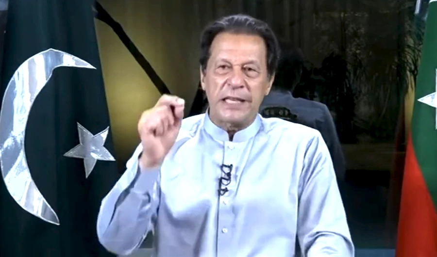 In this photo, Pakistan's former prime minister Imran Khan speaks to his supporters via video link on Nov. 16, 2022. (Photo courtesy: PTI Twitter)
