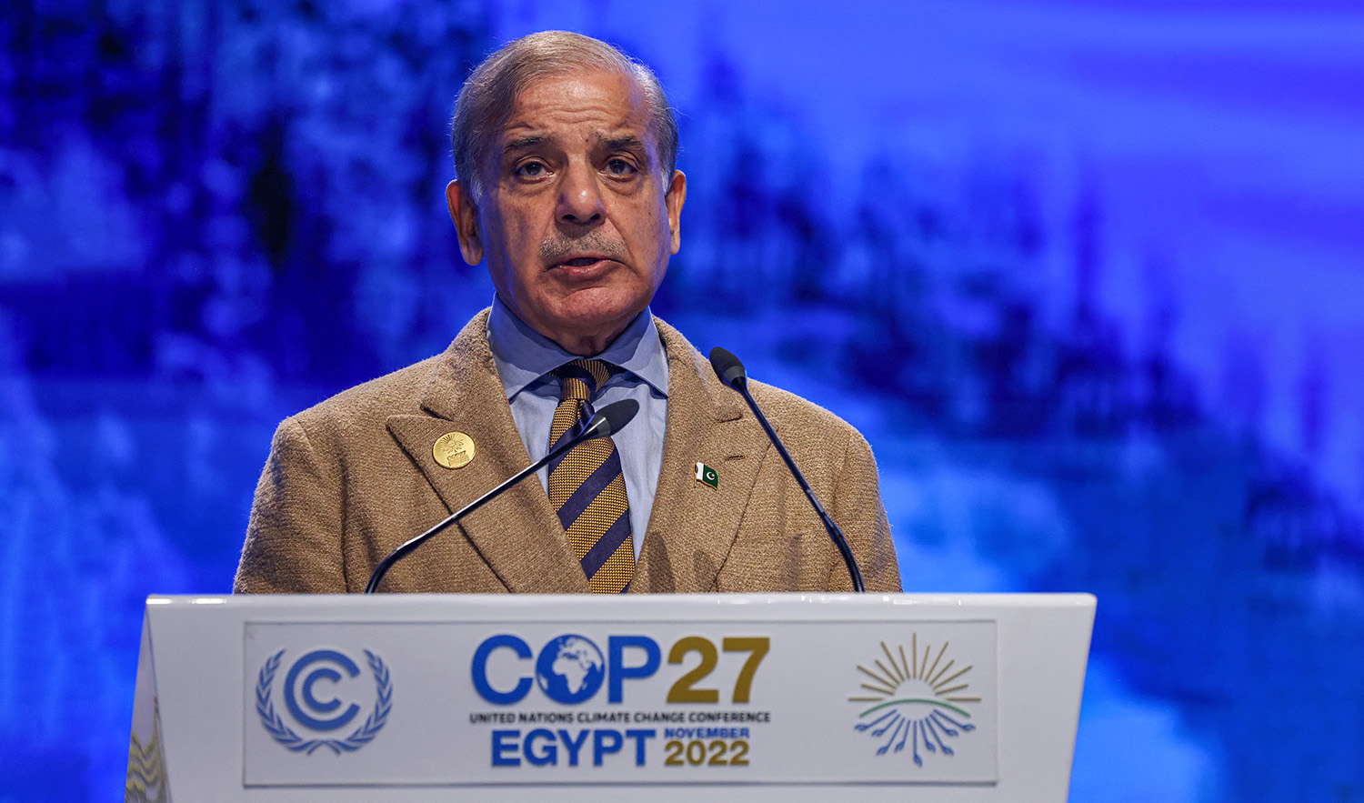 Pakistan's Prime Minister Shehbaz Sharif delivers a speech at the leaders summit of the COP27 climate conference at the Sharm el-Sheikh International Convention Centre, in Egypt's Red Sea resort city of the same name, on November 8, 2022. (AFP/File)