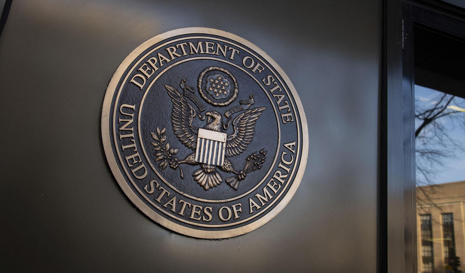 The US Department of State seal, in Washington DC, United States, on February 21, 2021. (Sipa via AP)