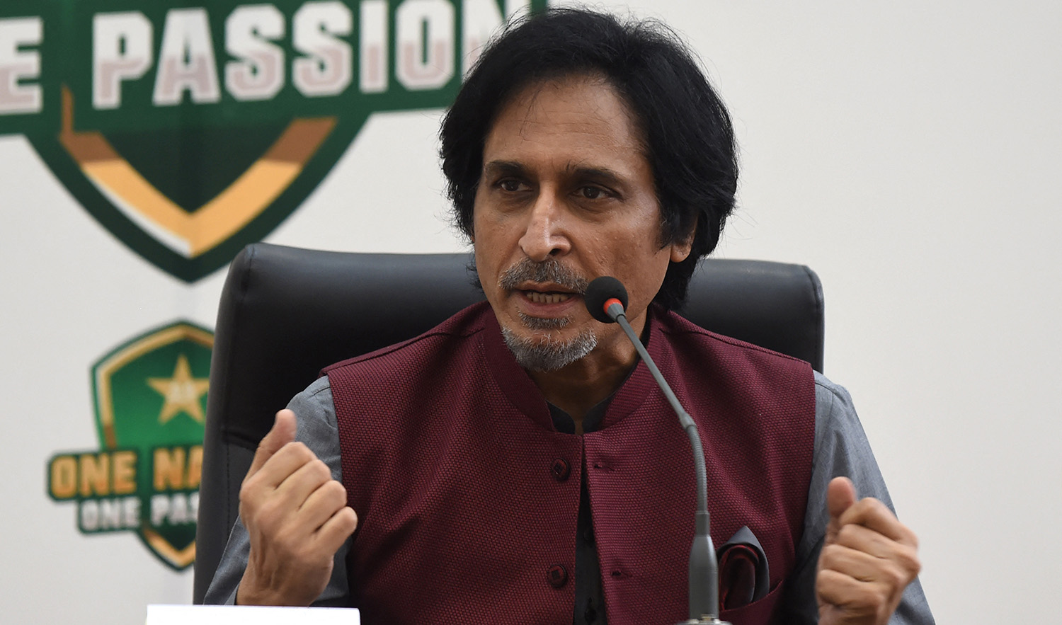 Pakistan's Cricket Board (PCB) chairman and former team captain Ramiz Raja speaks during a press conference at the cricket academy in Lahore on September 13, 2021. (AFP/File)