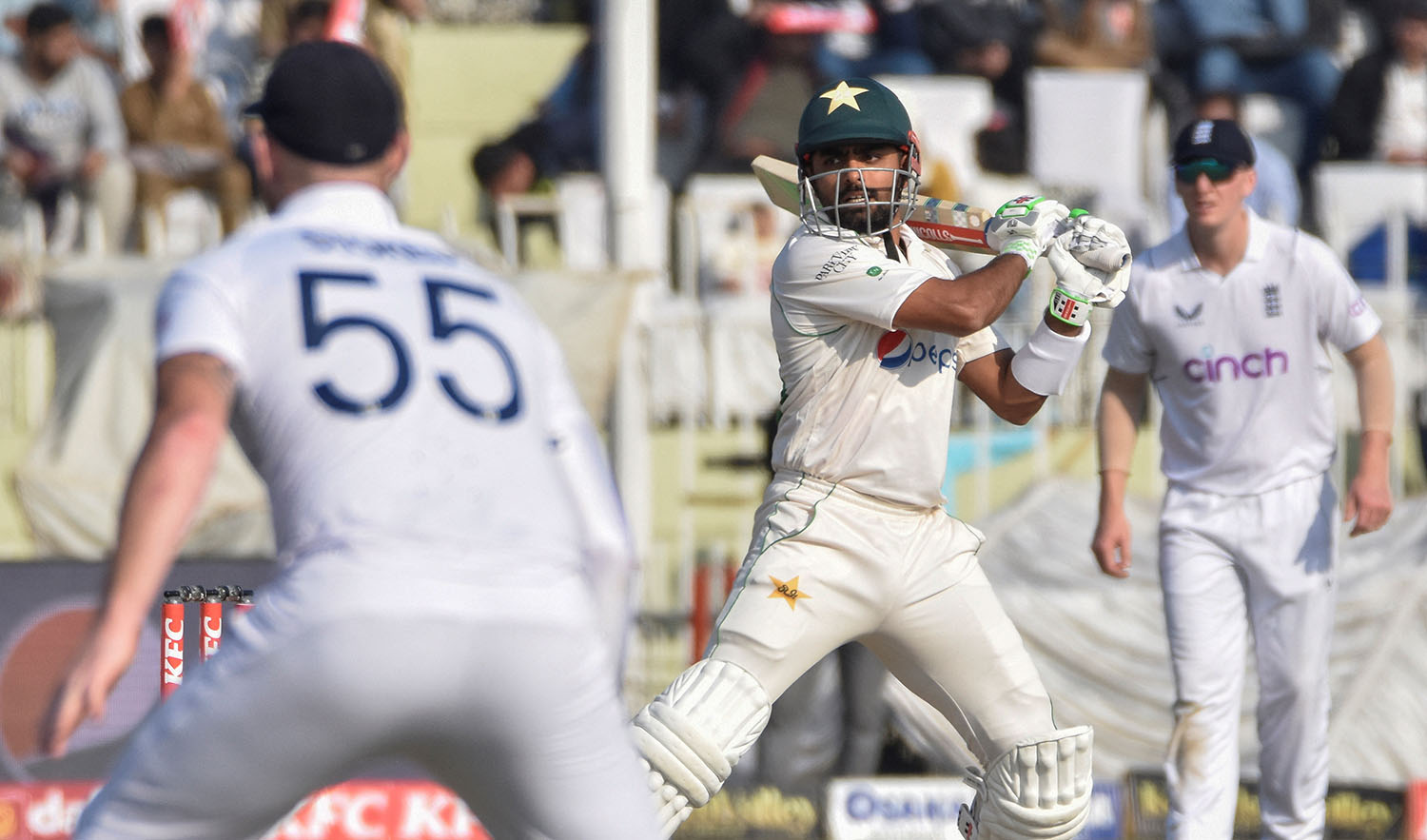 Pakistan's captain Babar Azam plays a shot during the first test against England in Rawalpindi on December 3, 2022. (REUTERS)