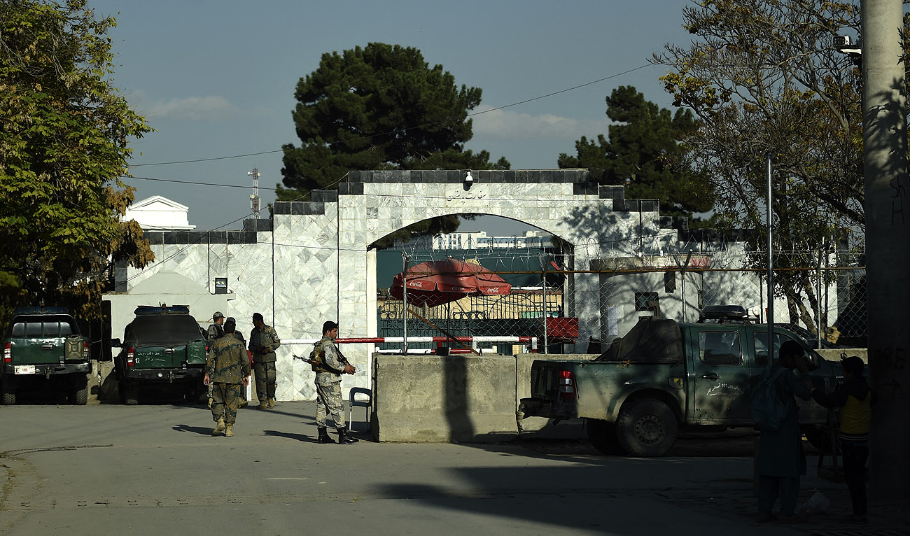 In this file photo taken on November 4, 2019, Afghan police personnel stand guard outside Pakistan's embassy in Kabul. (Photo courtesy: AFP/File)