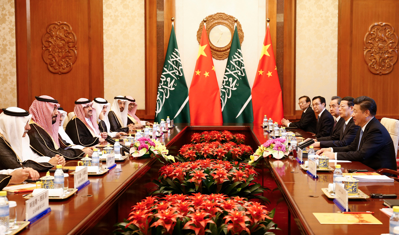 Saudi Crown Prince Mohammed bin Salman (4th R) attends a meeting with Chinese President Xi Jinping (3rd L) at the Great Hall of the People in Beijing on February 22, 2019. (Photo courtesy: AFP/FILE)