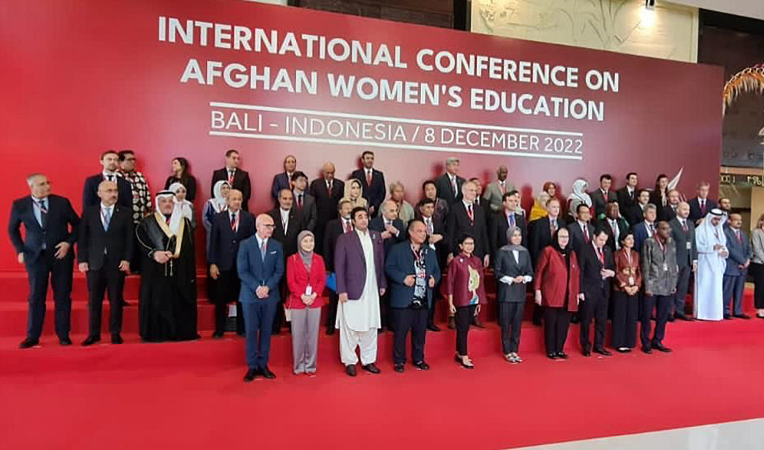 Dignitaries pose for a group photo at the first International Conference on Afghan Women's Education in Bali, Indonesia on December 8, 2022. (Photo courtesy: Pakistan foreign office)