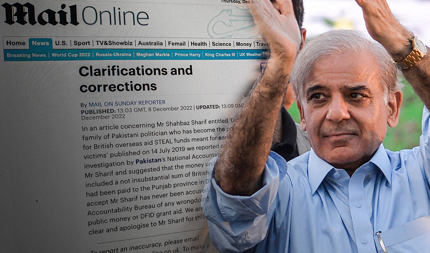 The combination of photos shows a screengrab of Daily Mail's website and Pakistan's Prime Minister Shehbaz Sharif. (Social media/AFP)