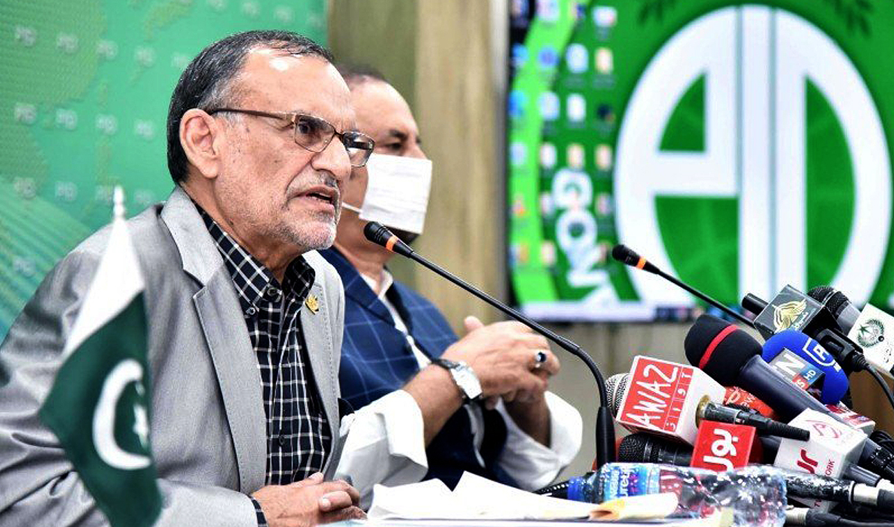 This undated file photo shows Pakistan's Senator Azam Swati addressing a press conference at the Press Information Department in Islamabad. (PID)