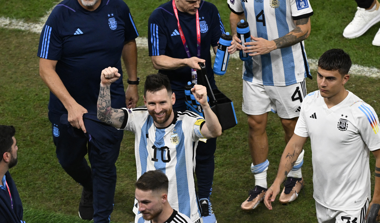 Argentina's forward #10 Lionel Messi celebrates after his team won the Qatar 2022 World Cup quarter-final football match between The Netherlands and Argentina at Lusail Stadium, north of Doha on December 9, 2022. (Photo courtesy: AFP)