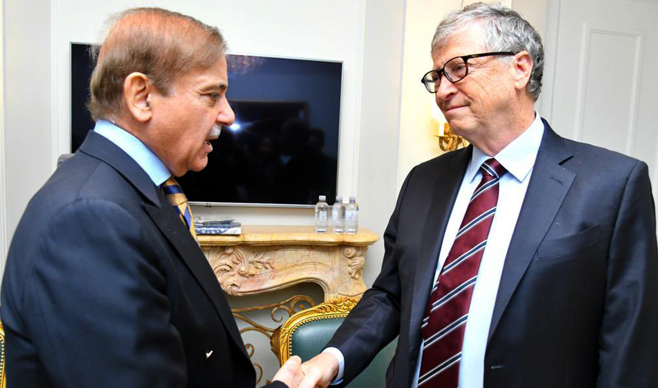 In this picture taken on September 22, 2022, Pakistan Prime Minister Shehbaz Sharif shakes hands with philanthropist Bill Gates during the sidelines of the United Nations General Assembly in New York. (Photo courtesy: Prime Minister's Office/File)