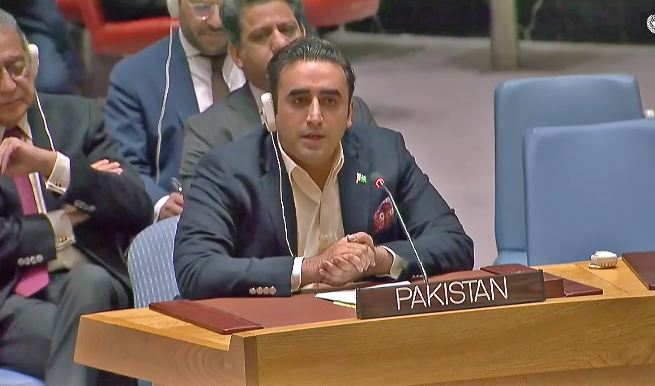 Pakistan's foreign minister Bilawal Bhutto-Zardari addresses Security Council meeting at the UN in New York, US, on December 14, 2022. (PPP/Twitter)