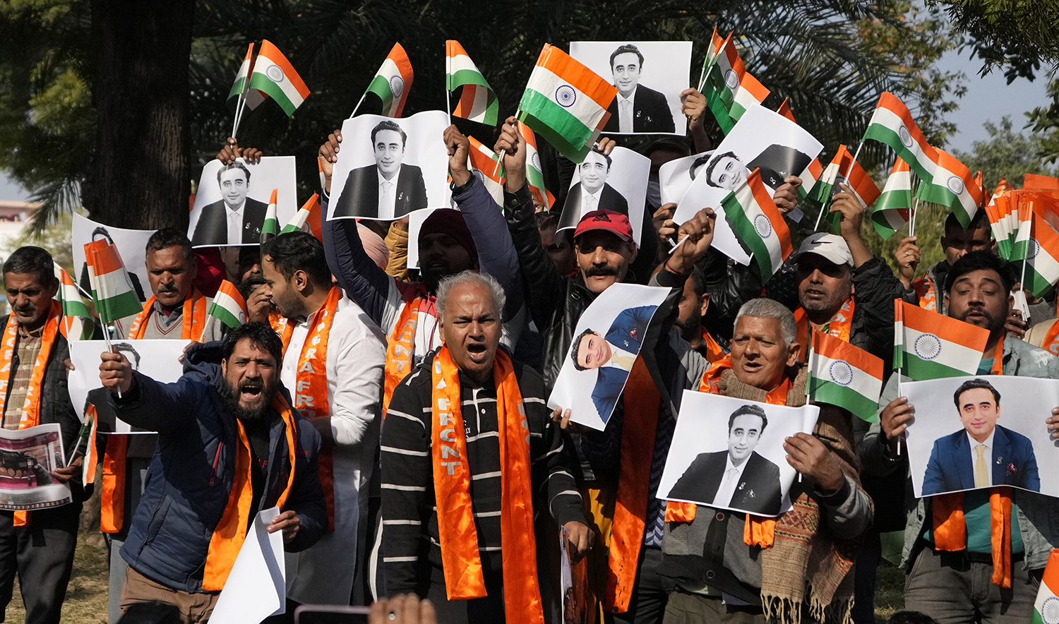 Activists of Dogra Front and Shiv Sena, shout slogans during a protest over the remarks made by Pakistan's foreign minister Bilawal Bhutto Zardari against Indian Prime Minister Narendra Modi during a press conference at the United Nations in New York, in Jammu, India, on December 17, 2022. (AP)