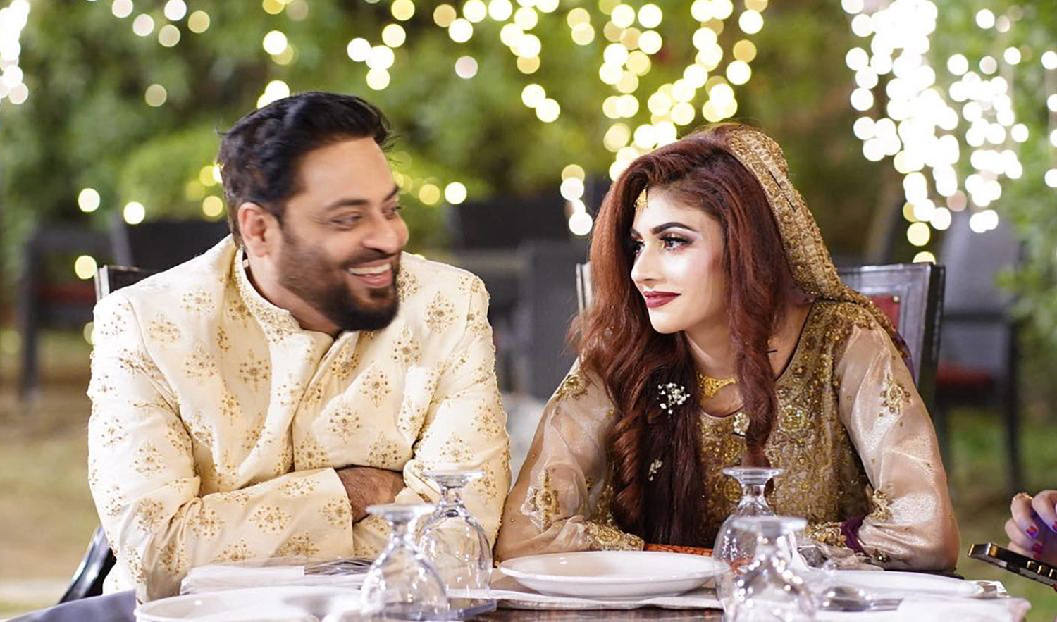 This photograph shared on Aamir Liaquat Hussain's social media on February 10, 2022, shows the Pakistani televangelist with his wife Dania Shah on their wedding day. (Photo courtesy: @iamaamirliaquat/Instagram)