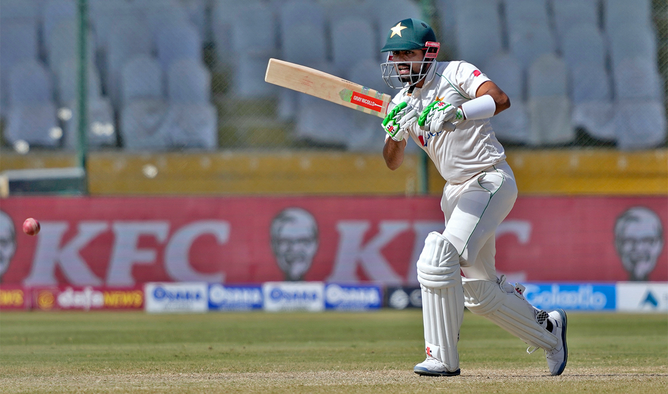 Pakistan's Babar Azam bats during the third day of third test cricket match between England and Pakistan, in Karachi, Pakistan, December 19, 2022. (AP)
