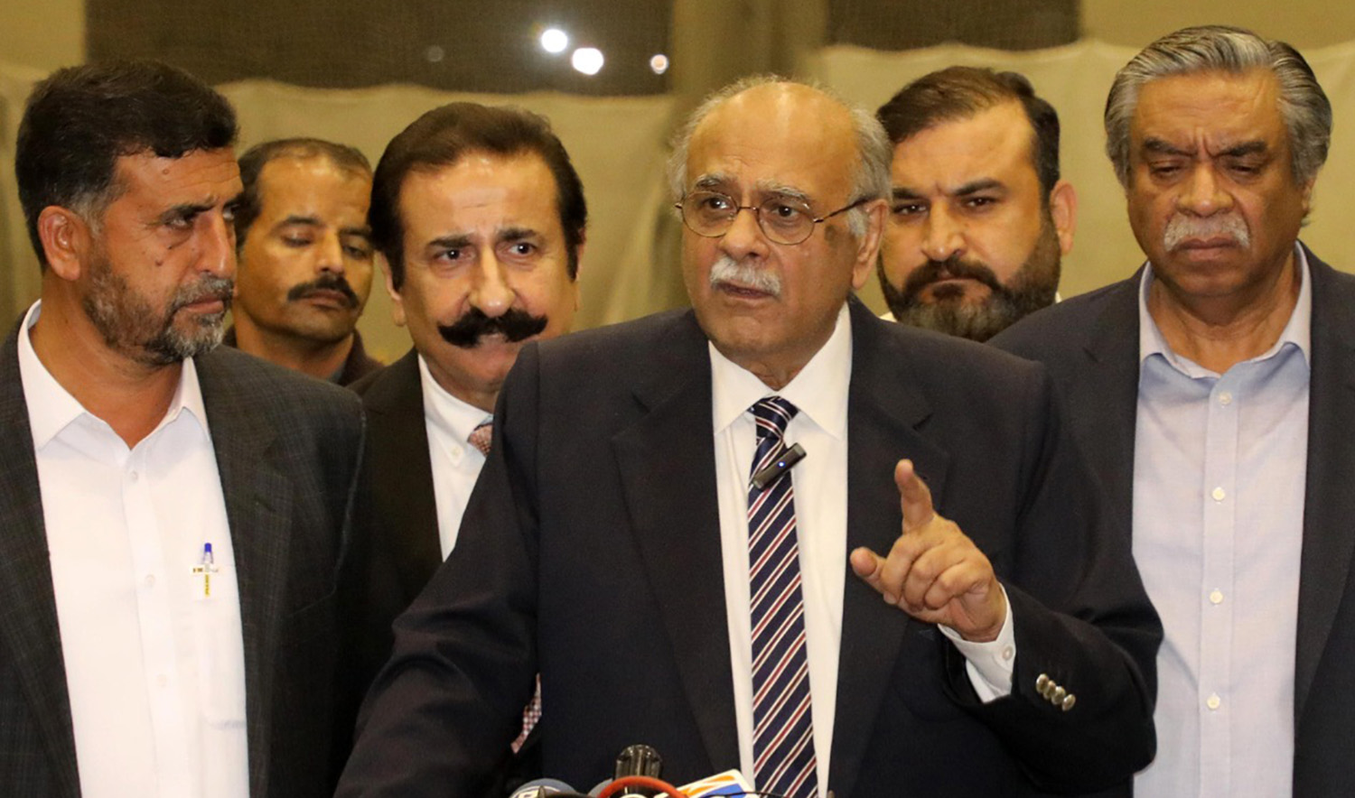 Pakistan Cricket Board (PCB) Chairman Najam Sethi, center, during a press conference in Lahore, Pakistan, on December 23, 2022. (Photo courtesy: PCB)