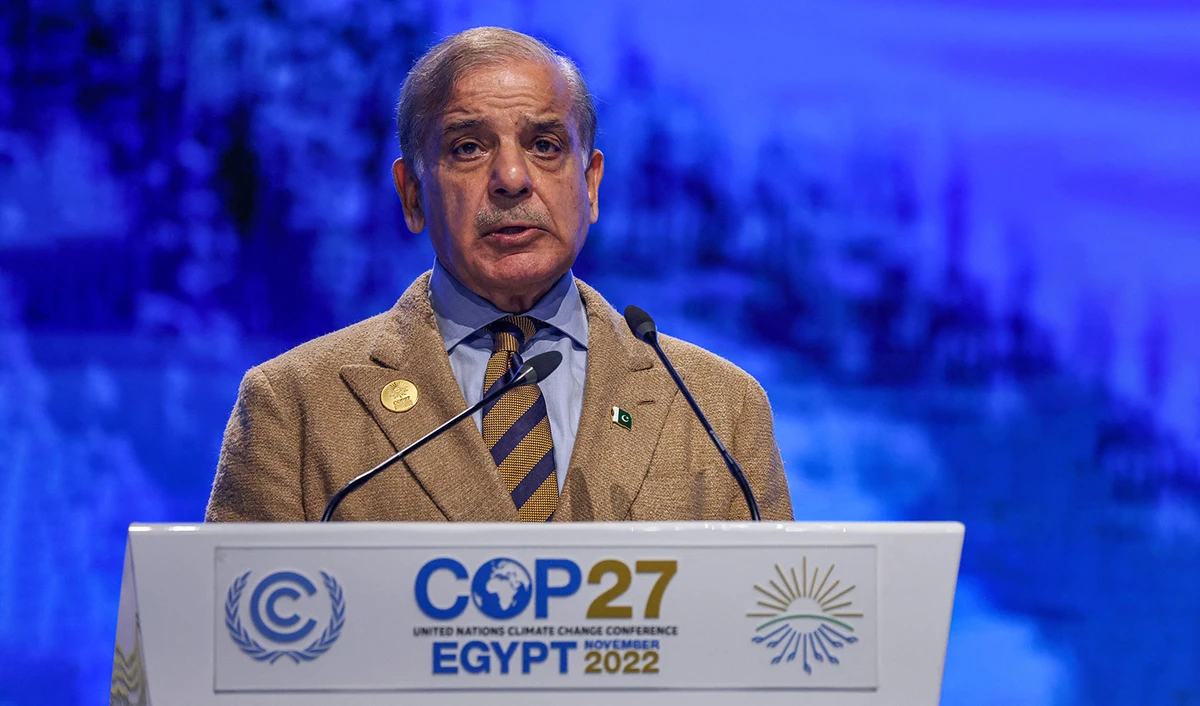 Pakistan's Prime Minister Shehbaz Sharif delivers a speech at the leaders summit of the COP27 climate conference at the Sharm el-Sheikh International Convention Centre, in Egypt's Red Sea resort city of the same name, on November 8, 2022. (AFP/File)