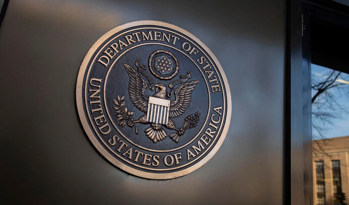 The US Department of State seal, in Washington DC, United States, on February 21, 2021. (Sipa via AP)