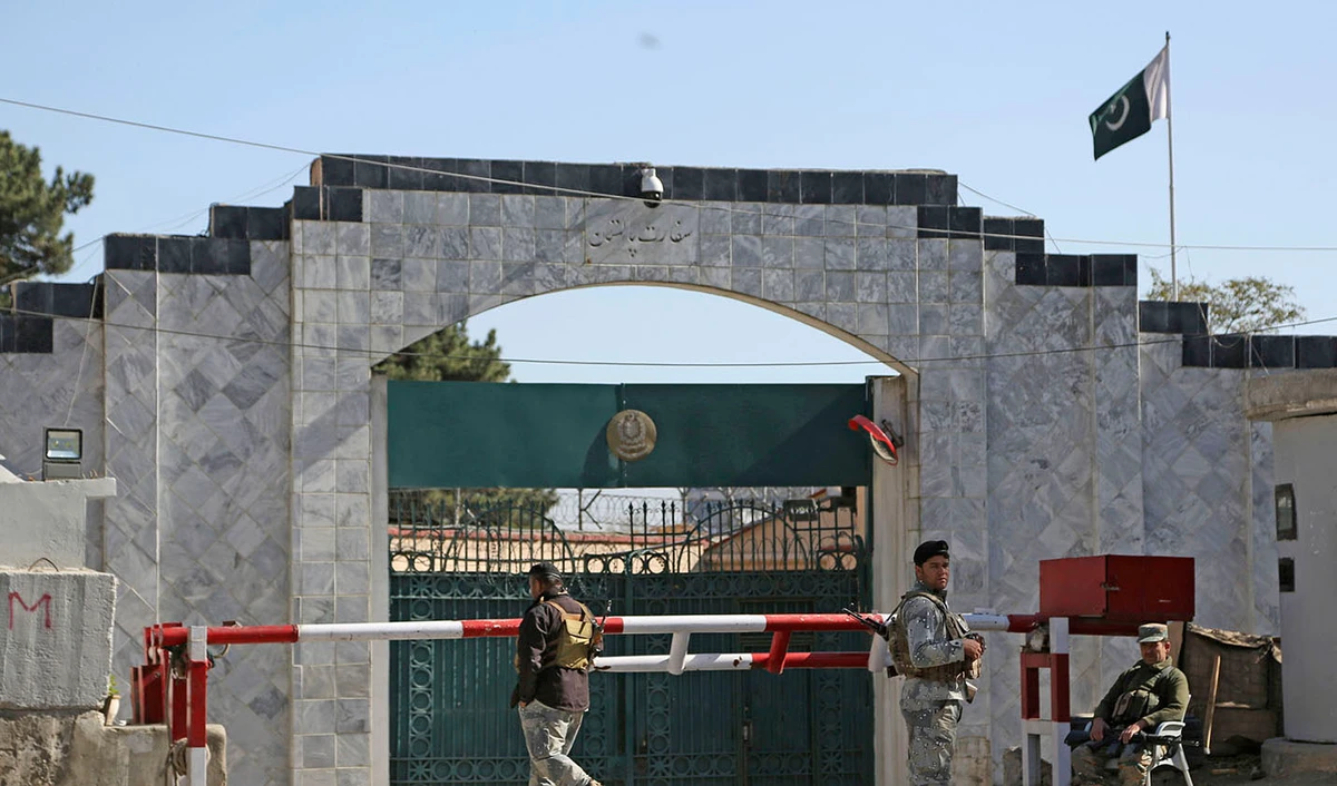 In this file photo, security stands guard outside the Pakistan Embassy in Kabul, Afghanistan on November 4, 2019. (AP/File)