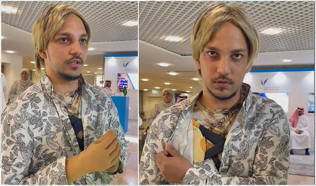 In this combination of pictures, created on December 14, 2022, Pakistani expatriate Shaham Zaki poses with his AI-powered prosthetic arm at Riyadh airport on December 5, 2022. (Photo courtesy: Anas Niaz)