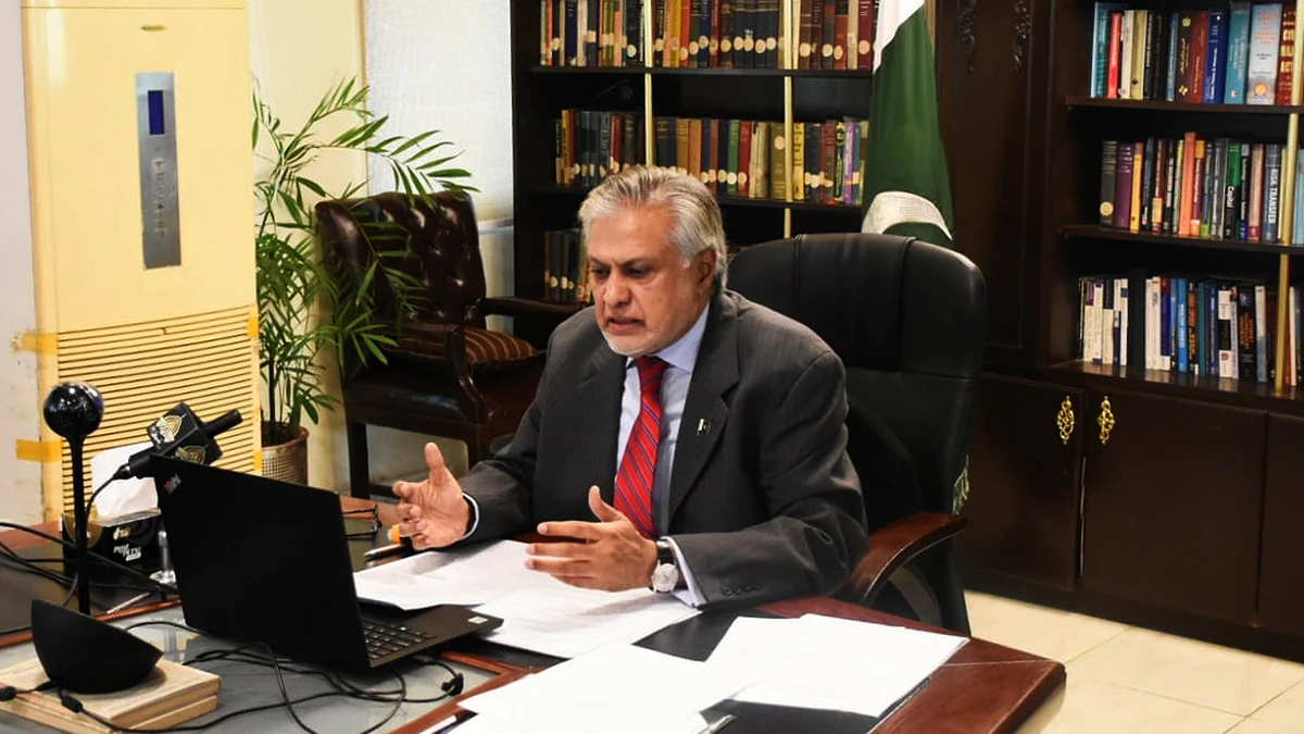 Pakistan Finance Minister Ishaq Dar addresses a virtual ceremony of the Pakistan Stock Exchange in Islamabad on December 28, 2022. (Photo courtesy: Finance Ministry of Pakistan)