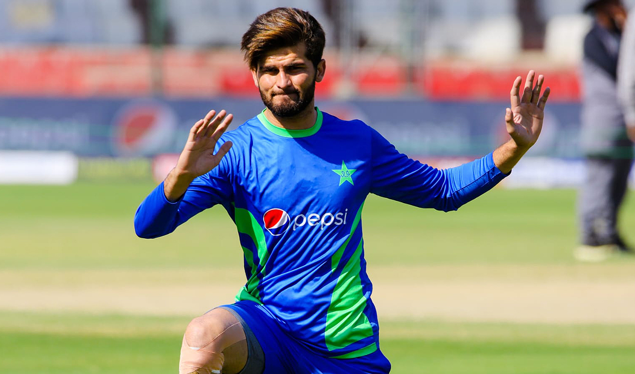 Pakistani pacer Shaheen Shah Afridi gestures during a rehabilitation session at National Stadium in Karachi on January 3, 2022. (Photo courtesy: Pakistan Cricket Board)