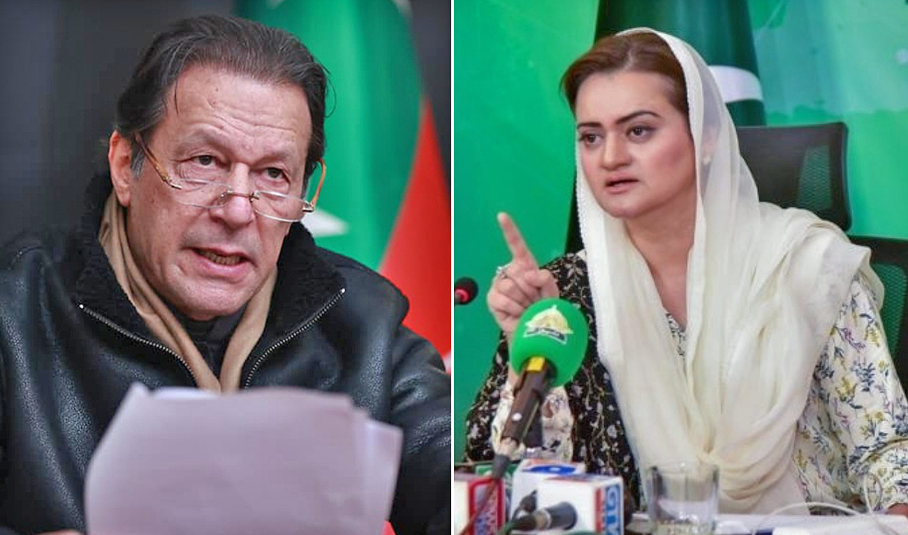 (L-R) Pakistan's former prime minister Imran Khan addresses his supporters as his party issued a “white paper” against Shehbaz Sharif's administration in Lahore on January 3, 2023. Pakistan's Information Minister Marriyum Aurangzeb addresses a press conference in Islamabad on December 24, 2022. (Photo courtesy: Social media)
