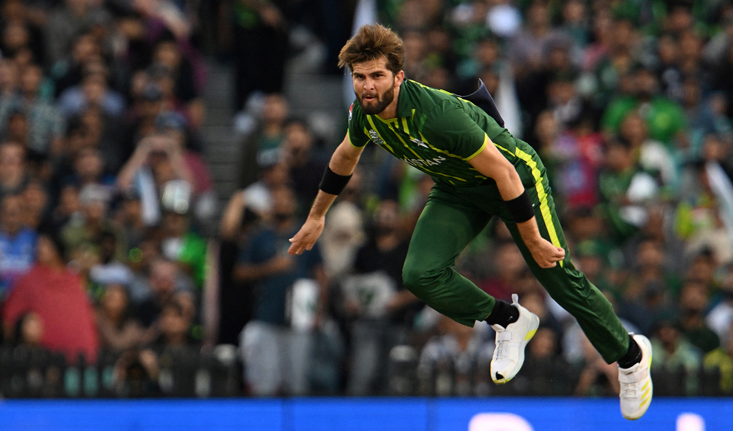 Pakistan's Shaheen Shah Afridi delivers a ball during the ICC men's Twenty20 World Cup 2022 semi-final cricket match against New Zealand at the Sydney Cricket Ground in Sydney on November 9, 2022. (AFP/File)