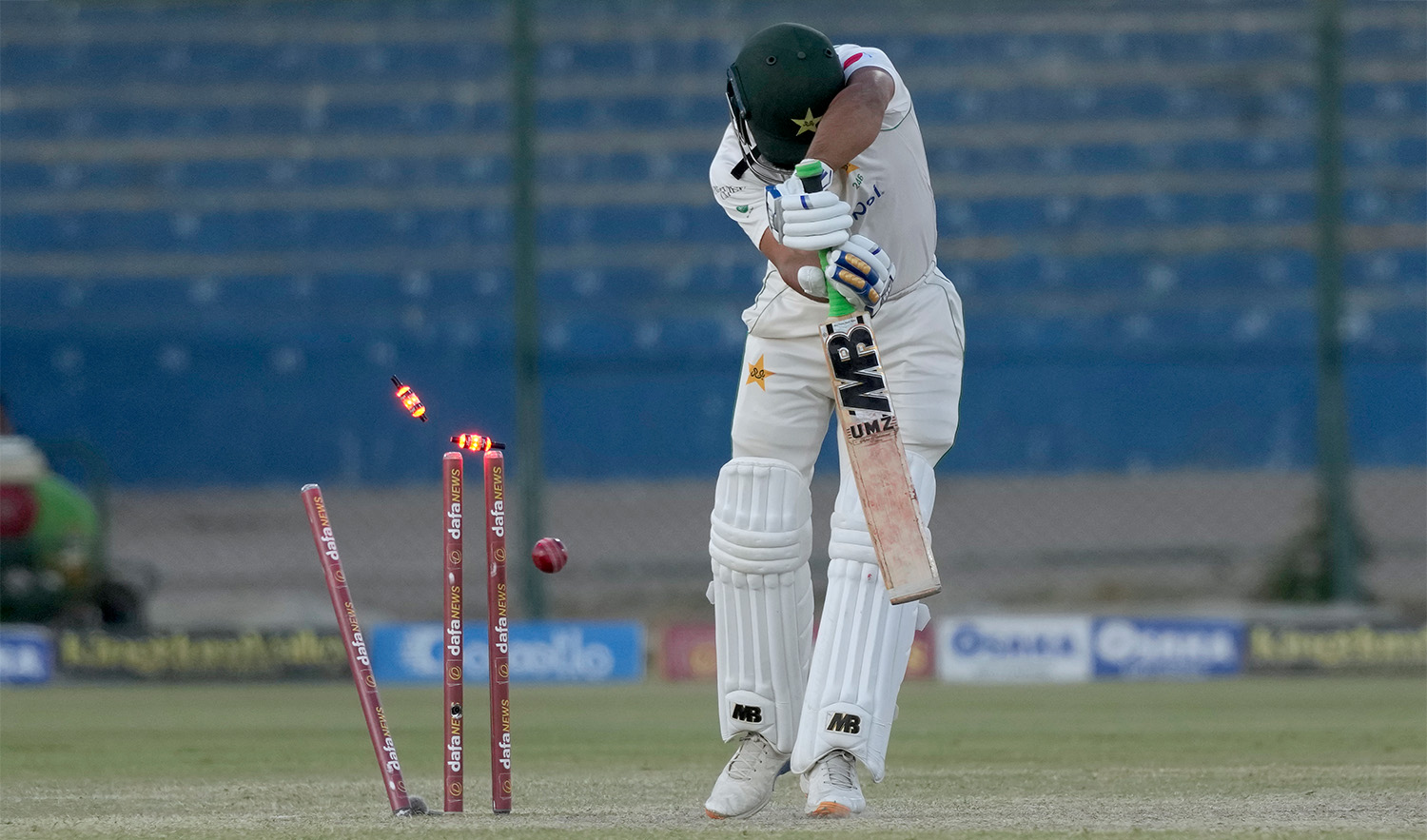 Pakistan's Abdullah Shafique is bowled out by New Zealand's Tim Southee during the fourth day of the second test cricket match between Pakistan and New Zealand, in Karachi, Pakistan, on January 5, 2023. (AP)