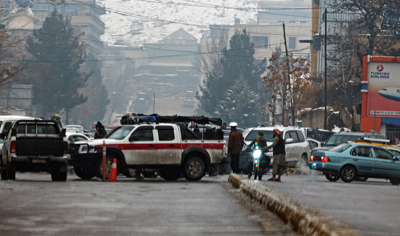 Taliban security forces block a road after a suicide blast near Afghanistan's foreign ministry at the Zanbaq Square in Kabul on January 11, 2023. (Photo courtesy: AFP)