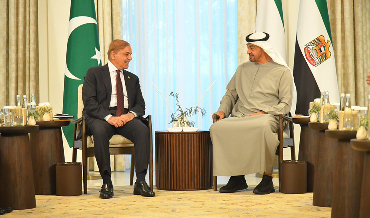 Pakistan Prime Minister Shehbaz Sharif, left, during his meeting with the UAE President Sheikh Mohamed bin Zayed Al Nahyan in Abu Dhabi on January 12, 2023. (Photo courtesy:@Marriyum_A/Twitter)