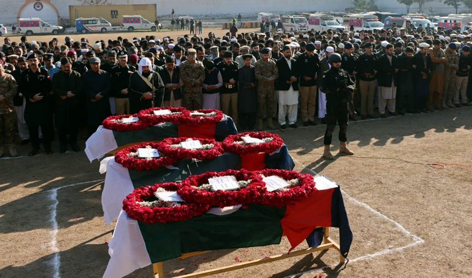 Funeral prayers for the slain police officers being held in Peshawar, Pakistan, on January 14, 2023. (Photo courtesy: @KP_Police1/Twitter)