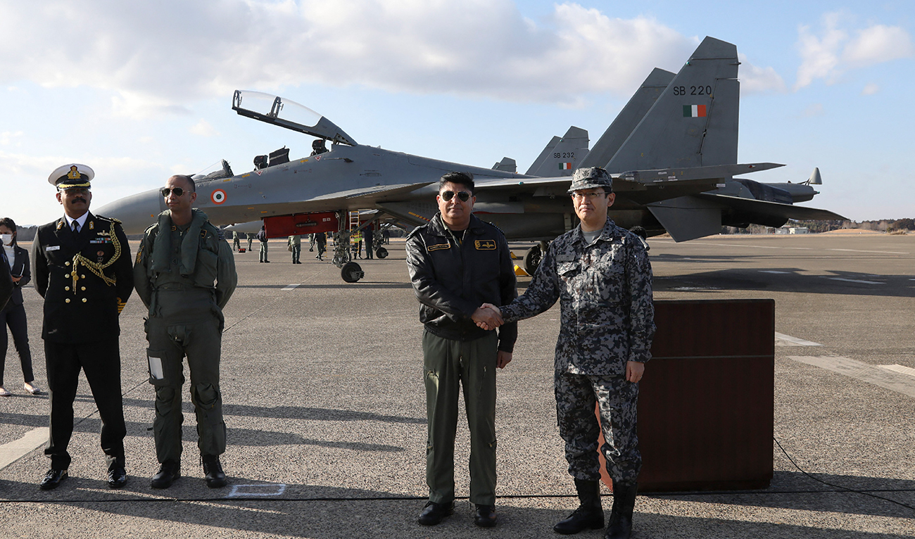 This picture taken on January 10, 2023, shows a ceremony upon an arrival of Indian Air Force fighter aircrafts at the Japan's Air Self-Defense Force Hyakuri Air Base for the Japan-India joint exercise in Omitama, Ibaraki prefecture, northeast of Tokyo. (Photo courtesy: AFP)