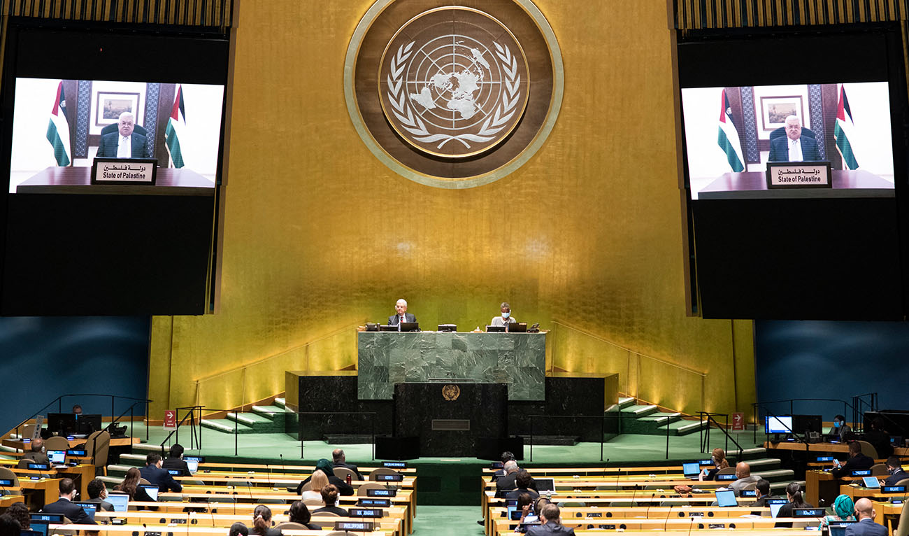 This UN handout photo shows Mahmoud Abbas, President of the State of Palestine, as he virtually addresses the general debate of the 75th session of the United Nations General Assembly, on September 25, 2020, in New York. (AFP PHOTO / UNITED NATIONS / EVAN SCHNEIDER)