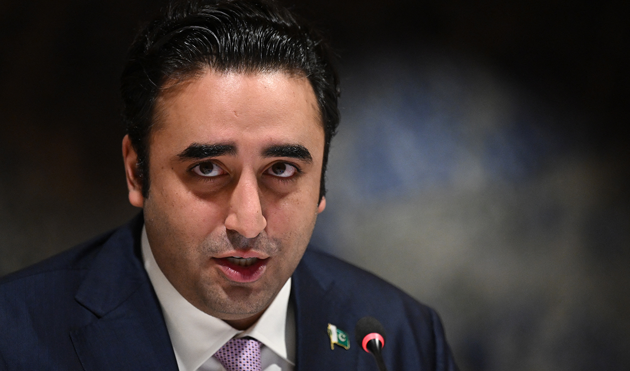 Pakistan's Foreign Minister Bilawal Bhutto Zardari delivers a speech during a Pakistan's Resilience to Climate Change conference in Geneva on January 9, 2023. (AFP)