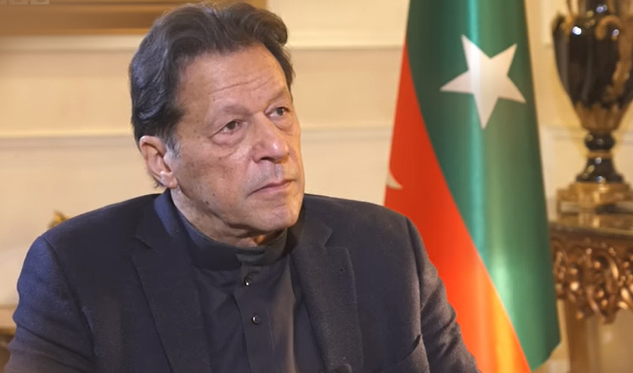 In this screengrab taken from a video on January 18, 2023, Pakistan's former prime minister Imran Khan gestures during an interview with BBC Urdu in Lahore. (Photo courtesy: BBC Urdu/YouTube)