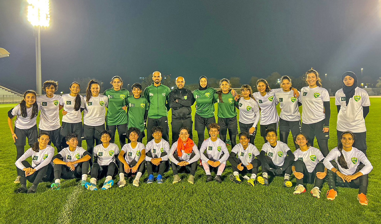 Pakistan women's football team poses for a picture after their last training session before the Pakistan vs New Zealand football match at the Prince Saud bin Jalawi Stadium in Al-Khobar city of Saudi Arabia on January 18, 2023. (Photo courtesy: Pakistan Football Federation)
